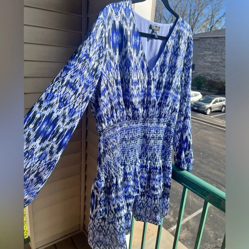 🆕🦋AQUA Blue Ikat Print Smocked Tiered Mini Dress Size XXL Boho Chicupoo Casual